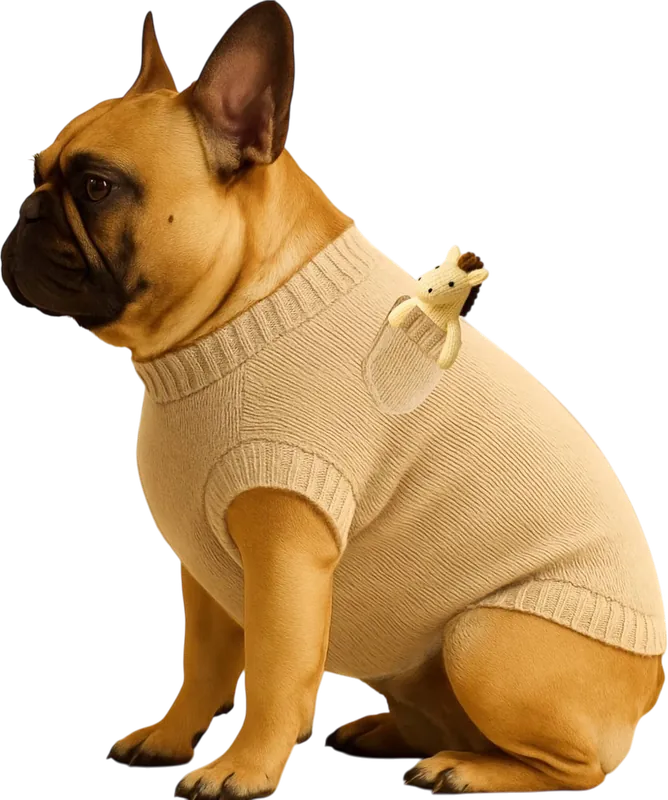 Бульдог в бежевом свитере сидит